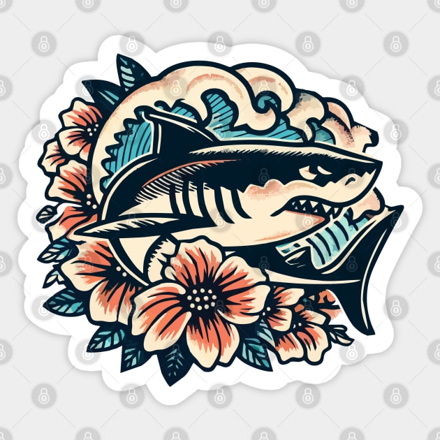 Tropical Shark Riding Wave Sticker by Organicgal Graphics